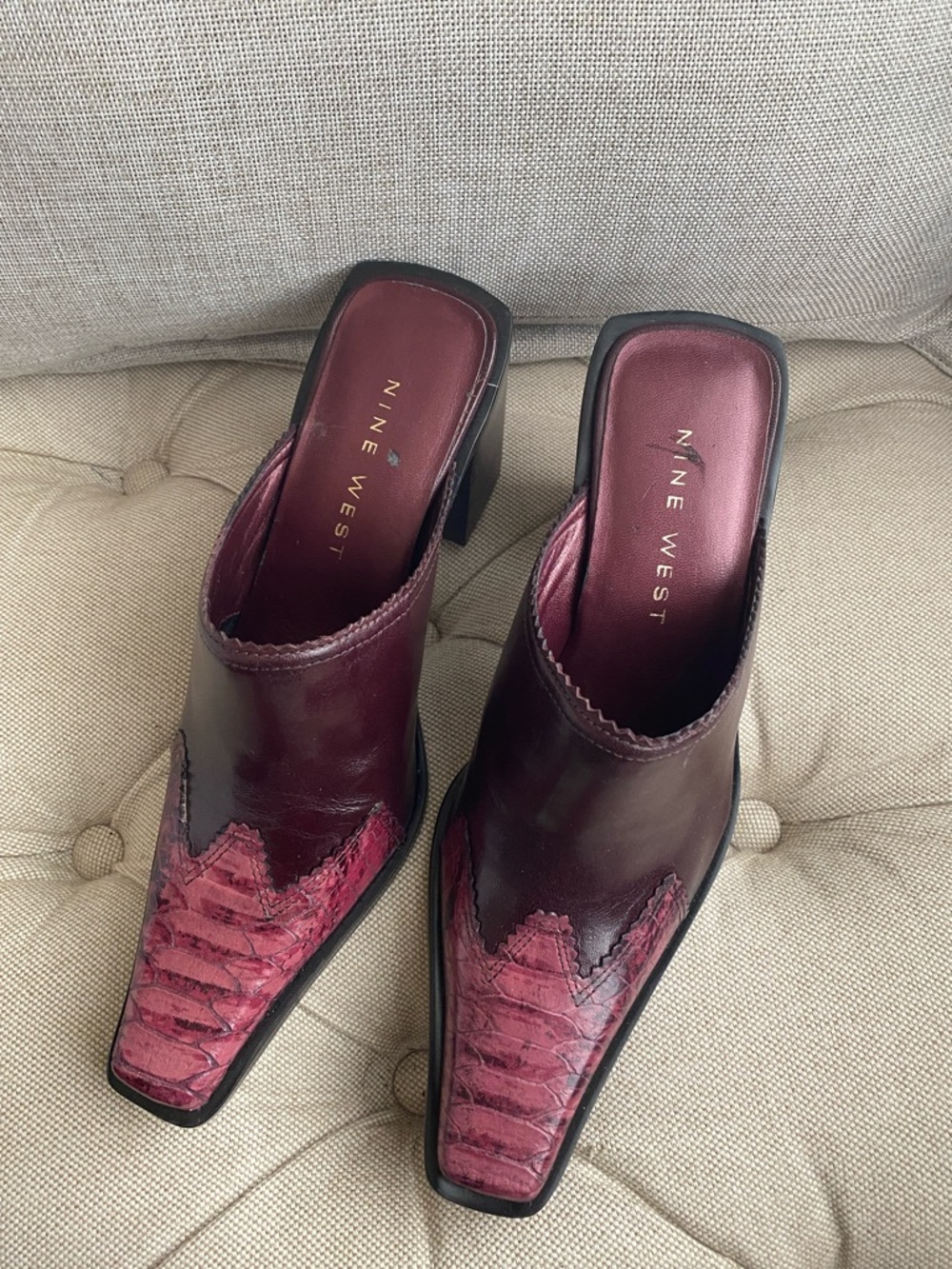 Nine West Burgundy Leather Square-Toe Mule Heels
